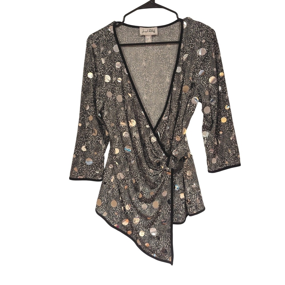 Joseph Ribkoff Leopard Print Sequin Wrap Top Silver Paillette V-Neck‎ Blouse 8